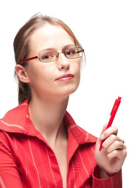 Young woman with pen — Stock Photo, Image