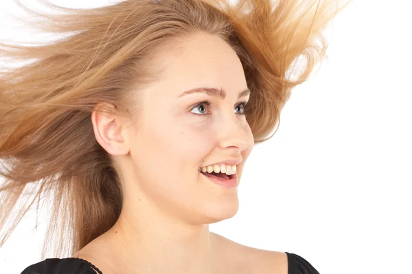 Jovem mulher alegre com cabelo ondulado — Fotografia de Stock