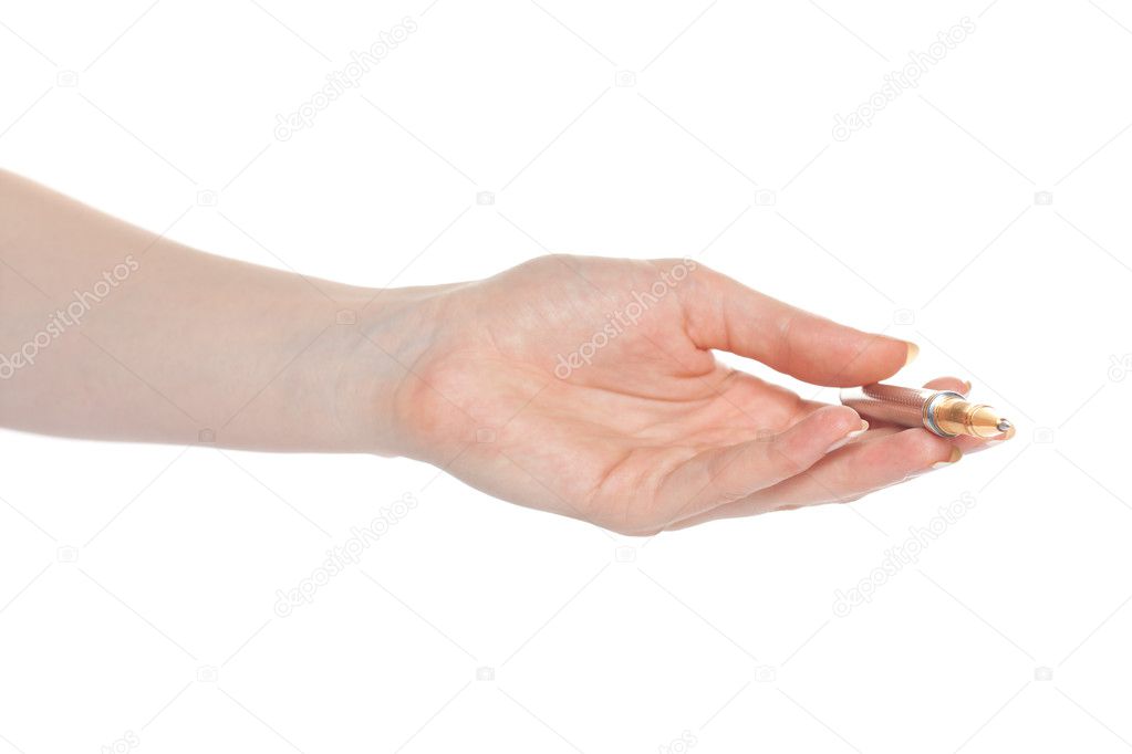 Woman hand gives pen