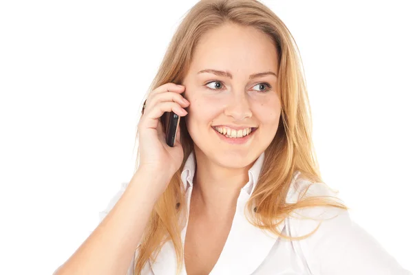 Fiatal üzleti nő mosolyogva, és telefon tartó — Stock Fotó