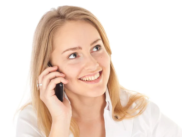 Mladá podnikatelka usmívá a drží telefon — Stock fotografie