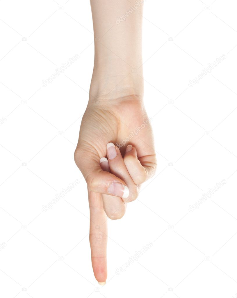 Woman hand pointing down