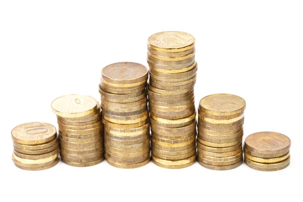 Golden coins stacks in a row — Stock Photo, Image