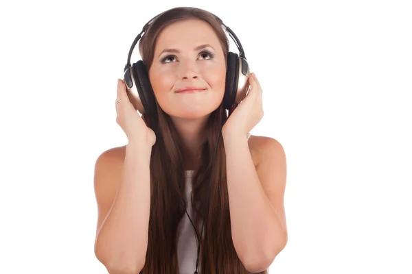 Female listen music in headphones — Stock Photo, Image