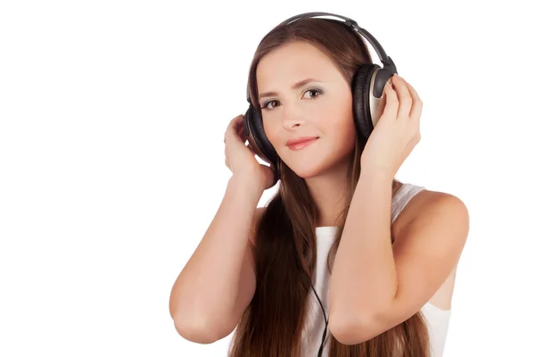 Girl listen music in headphones — Stock Photo, Image