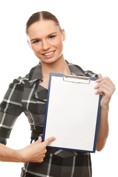 Mulher de negócios mostrando tabuleta em branco — Fotografia de Stock