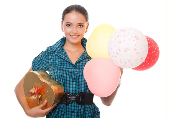Happy young woman with gift for birthday — Stock Photo, Image