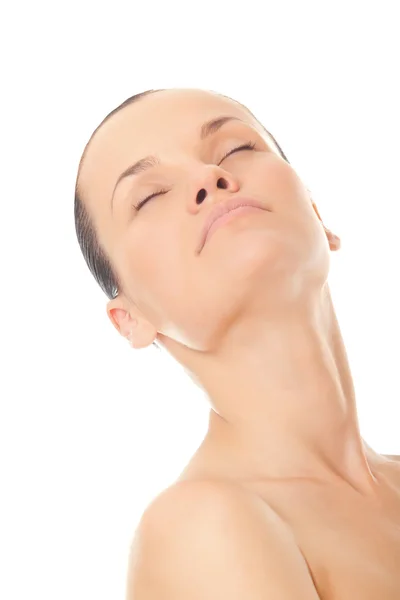 Closeup rosto mulher bonita com pele limpa fresco e fechado ey — Fotografia de Stock