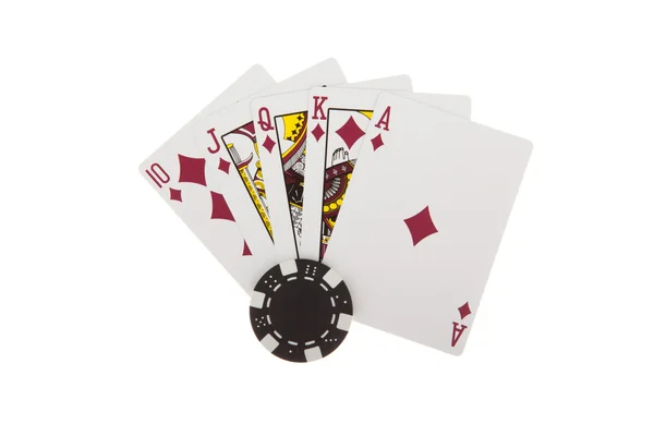 Královská postupka v barvě diamantů s poker žetony — Stock fotografie
