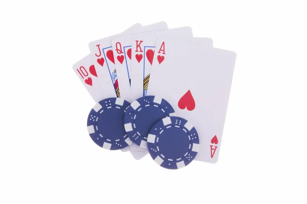 Royal flush van hart met poker chips — Stockfoto