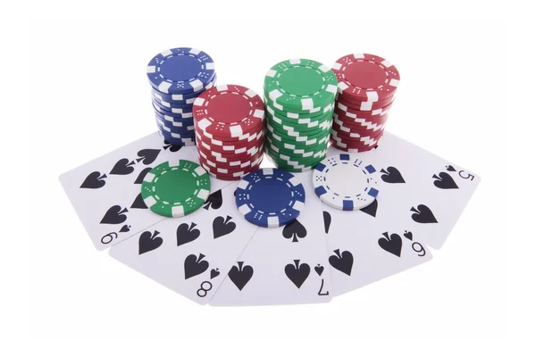 Straight Flush of spades with poker chips — Stock Photo, Image