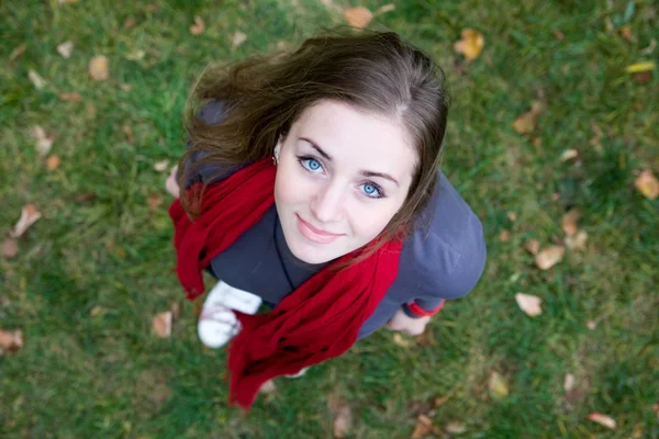Mooie jonge brunette meisje in rode sjaal. bovenaanzicht Stockfoto