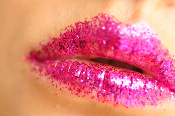 Lips with bright pink lipstick — Stock Photo, Image