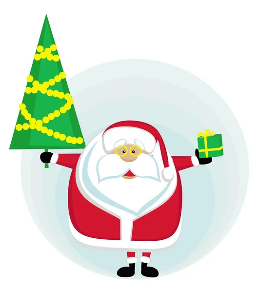 Santa con árbol de Navidad y presente — Vector de stock