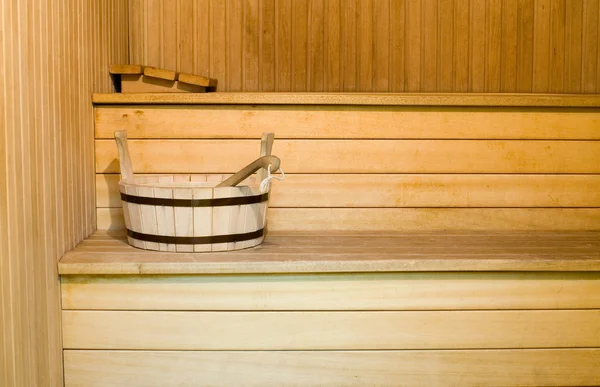 Interior of sauna with washtub and scoop — Stock Photo, Image