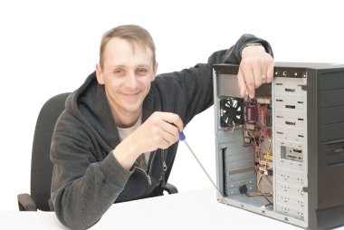 Technician repairing PC isolated on white clipart