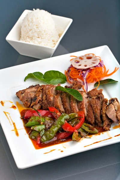 Thai Chile Basil Duck Dish with Rice — Stock Photo, Image