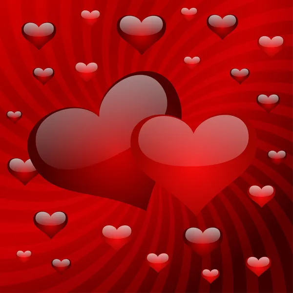 Två hjärtan på en röd randig bakgrund — Stock vektor