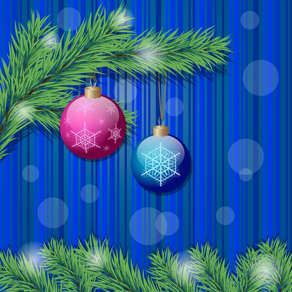 2 つのクリスマス ボール、クリスマスの木の枝 — ストックベクタ