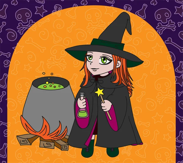 Little witch makes potion(orange background) — Stock Vector