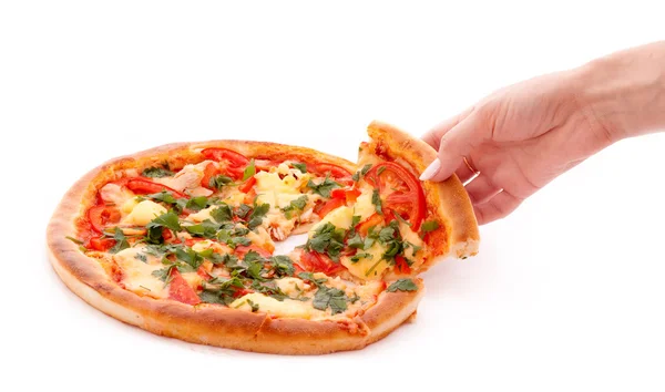 Νόστιμη ιταλική πίτσα και το χέρι πάνω από το λευκό — Φωτογραφία Αρχείου