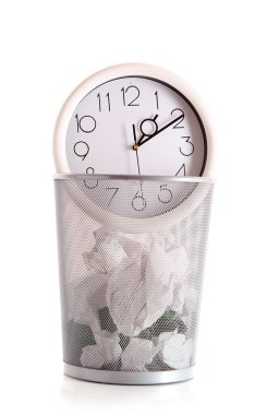 Clock in trash, lost time concept clipart