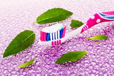 Tooth brush and mint leaves