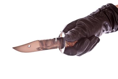 Knife in black glove isolated on white clipart