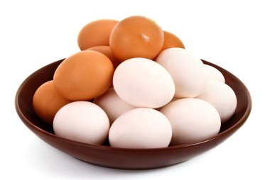Group of brown and white hen's eggs in the plate isolated on whi clipart