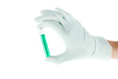 Doctor's hand in glove with test tube with liquid isolated on wh clipart