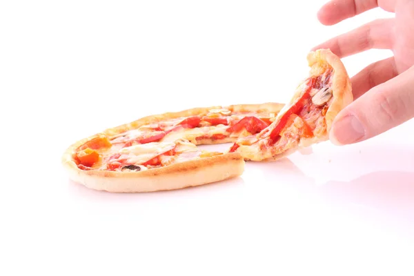 Tasty pizza and hand — Stock Fotó