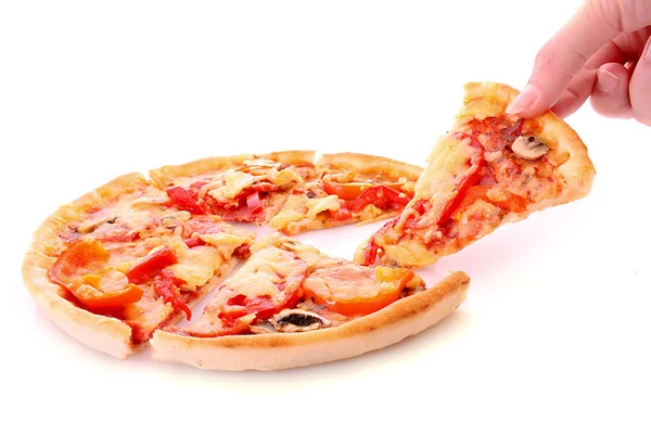 Sabrosa pizza y mano —  Fotos de Stock