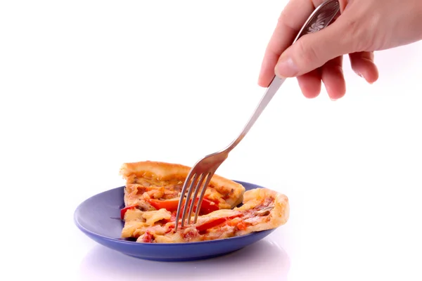 Smakelijke pizza en vork geïsoleerd op wit — Stockfoto