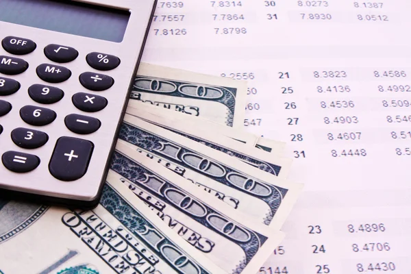 Några finansiella saker - kalkylator, pengar, siffror — Stockfoto
