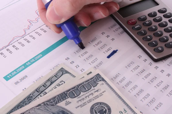 Деякі фінансові речі - калькулятор, гроші, цифри, діаграми — стокове фото