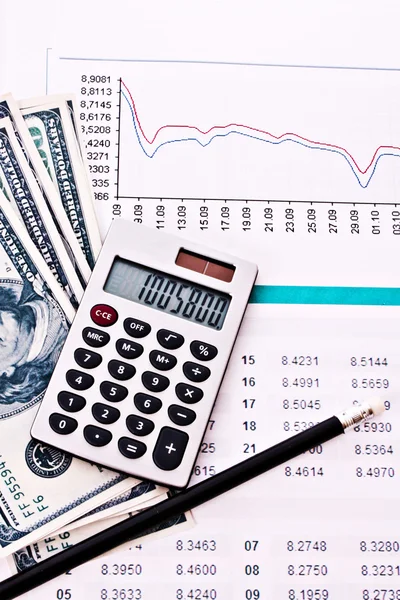 Sommige financiële dingen - rekenmachine, geld, cijfers — Stockfoto