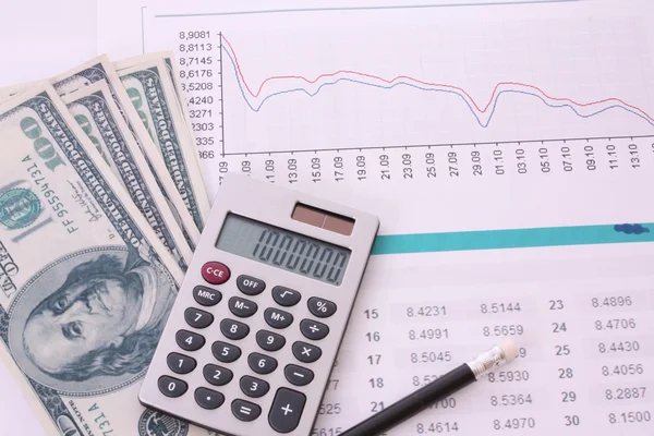 Algumas coisas financeiras - calculadora, dinheiro, dígitos, gráficos — Fotografia de Stock