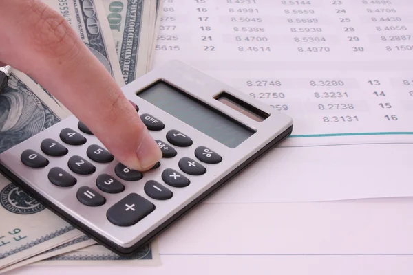 Sommige financiële dingen - rekenmachine, geld, cijfers, grafieken — Stockfoto