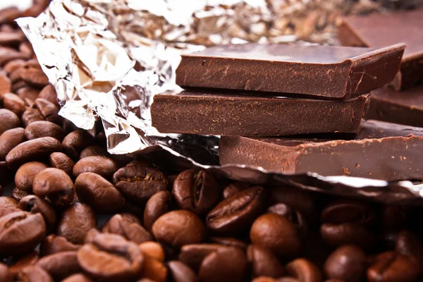 Chocolate and coffee beans — Stock Photo, Image