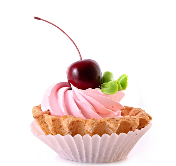 Sweet cake with cherry isolated on white — Stock Photo, Image