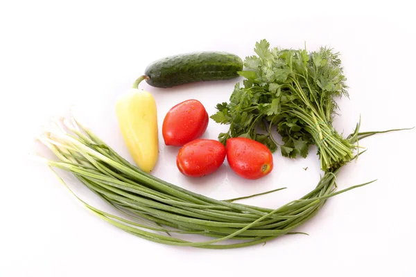 Salsa, tomate, pepino, pimenta e cebola — Fotografia de Stock