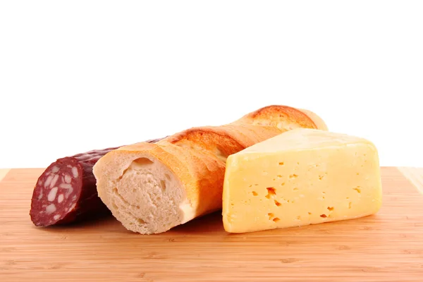Sausage, bread and cheese isolated on white — Stock Photo, Image