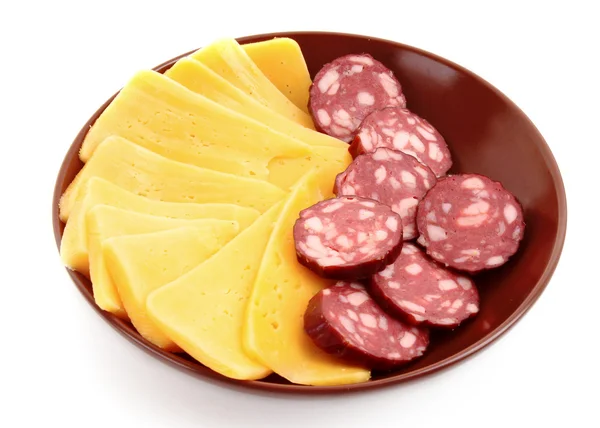 Sausage and cheese on plate isolated on white — Stock Photo, Image