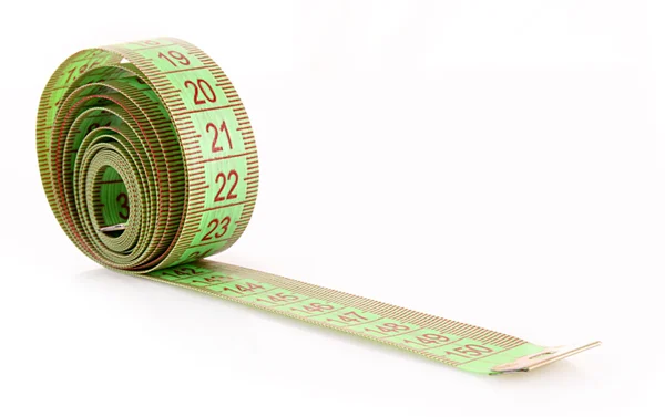Green measure tape isolated on white — Stock Photo, Image