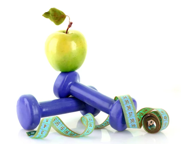 Dumbbells, green apple and measuring tape isolaeted on white — Stock Photo, Image