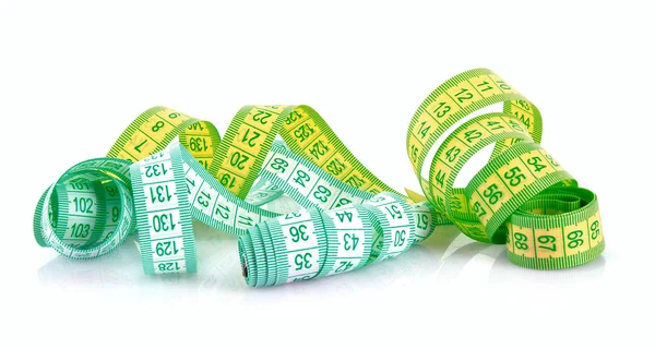 Multicoloured measuring tapes isolated on white — Stock Photo, Image