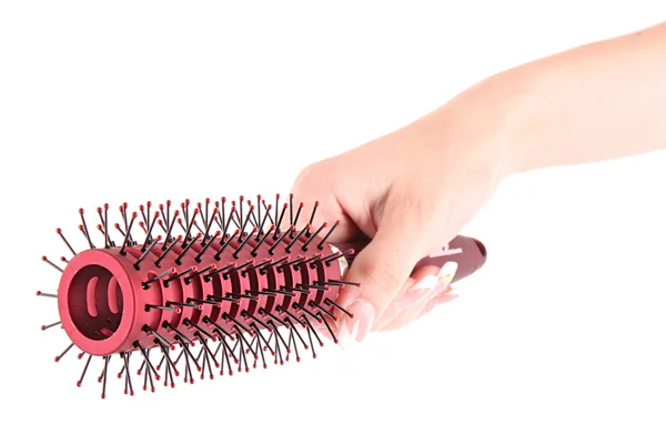 Hairbrush in hand geïsoleerd op wit — Stockfoto