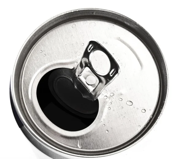 Aluminum can closeup with water drops isolated on white — Stock Photo, Image