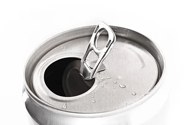 Aluminum can closeup with water drops isolated on white — Stock Photo, Image