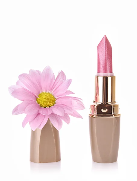 New lipstick and flower on the white background — Stock Photo, Image